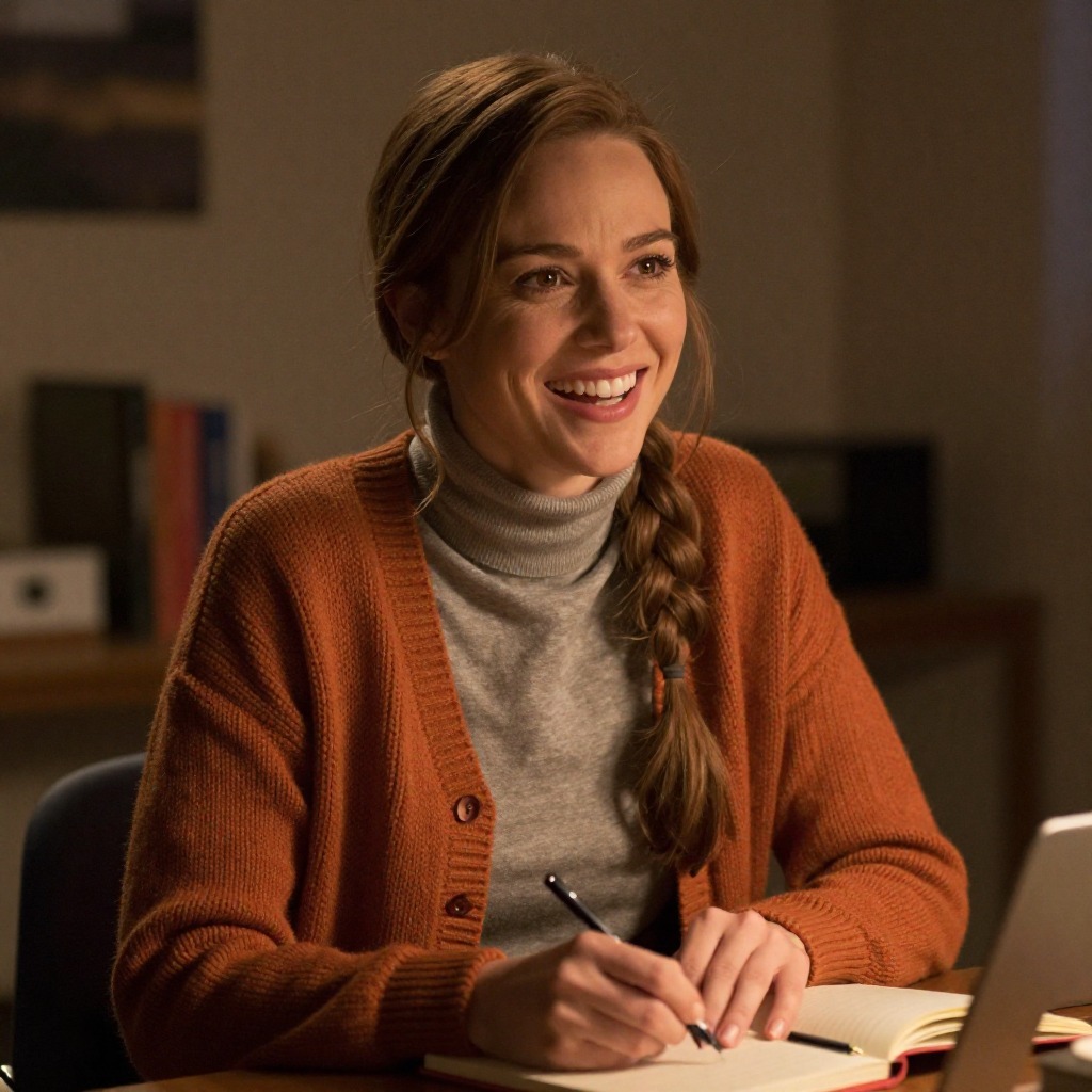 Mira at the research desk, mid-laugh, writing in an open notebook, laptop beside her, chestnut hair in a loose low braid, rust-colored cardigan over a grey turtleneck.