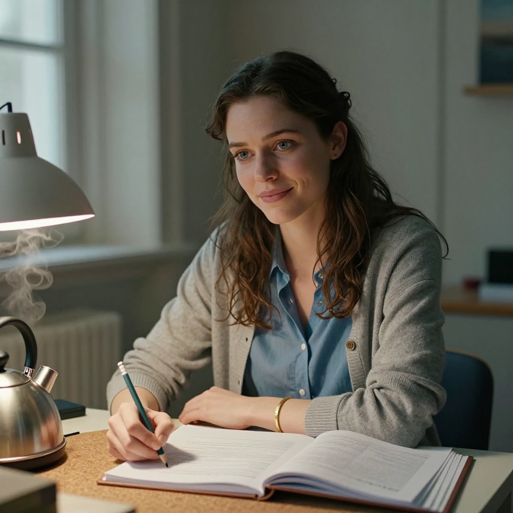 Vera at a small desk, half-smiling at the camera, a green pencil resting on an open report, a kettle steaming on a cork mat beside her hand, dark chestnut hair, blue shirt under a grey cardigan, a grey lamp and a high window behind.